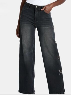 Madden NYC Bow Embroidered Wide Leg Jeans Gray Wash Size 6 Coquette